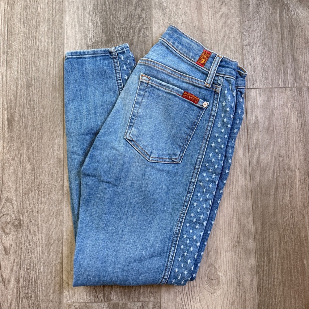 7 For All Mankind Ankle Skinny Jeans 27 Light Wash Star Side Stripe Crop